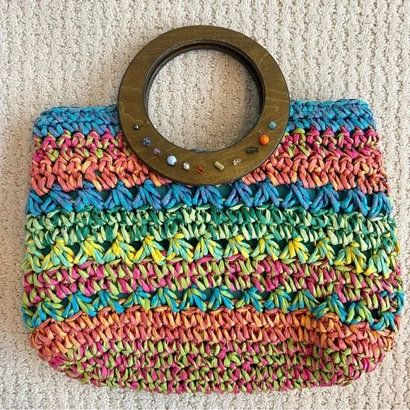 CAPPELLI STRAWORLD Turquoise Crochet Toyo Straw Wooden Grip Satchel Tote Handbag - Picture 3 of 11